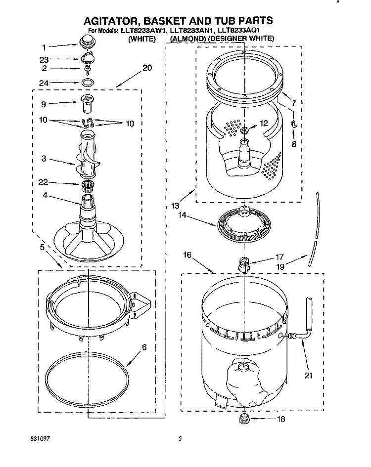 AGITATOR, BASKET AND TUB Diagram and Parts List for LLT8233AQ1  Whirlpool Washer