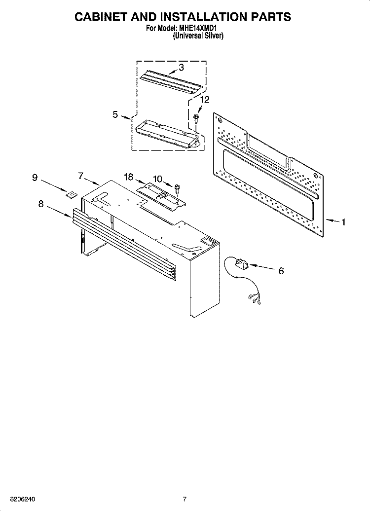 CABINET AND INSTALLATION PARTS Diagram and Parts List for MHE14XMD1  Roper Microwave