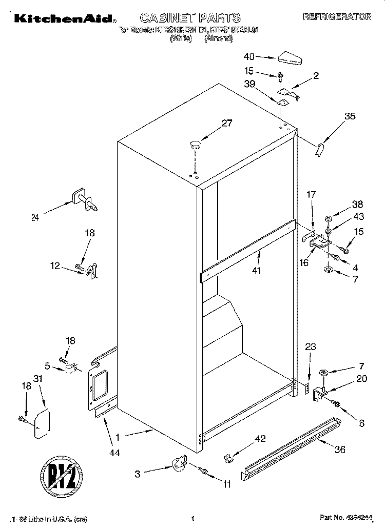 CABINET Diagram and Parts List for KTRS19KEWH01  KitchenAid Refrigerator