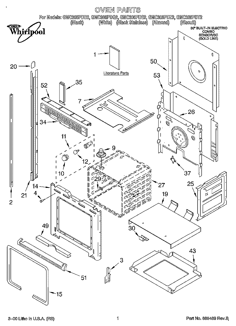 OVEN, LITERATURE Diagram and Parts List for GMC305PDB2  Whirlpool Microwave Oven Combo