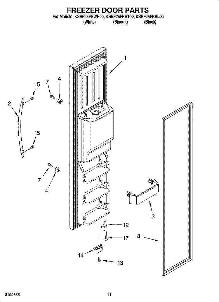FREEZER DOOR PARTS Diagram and Parts List for KSRF25FRBL00  Whirlpool Refrigerator