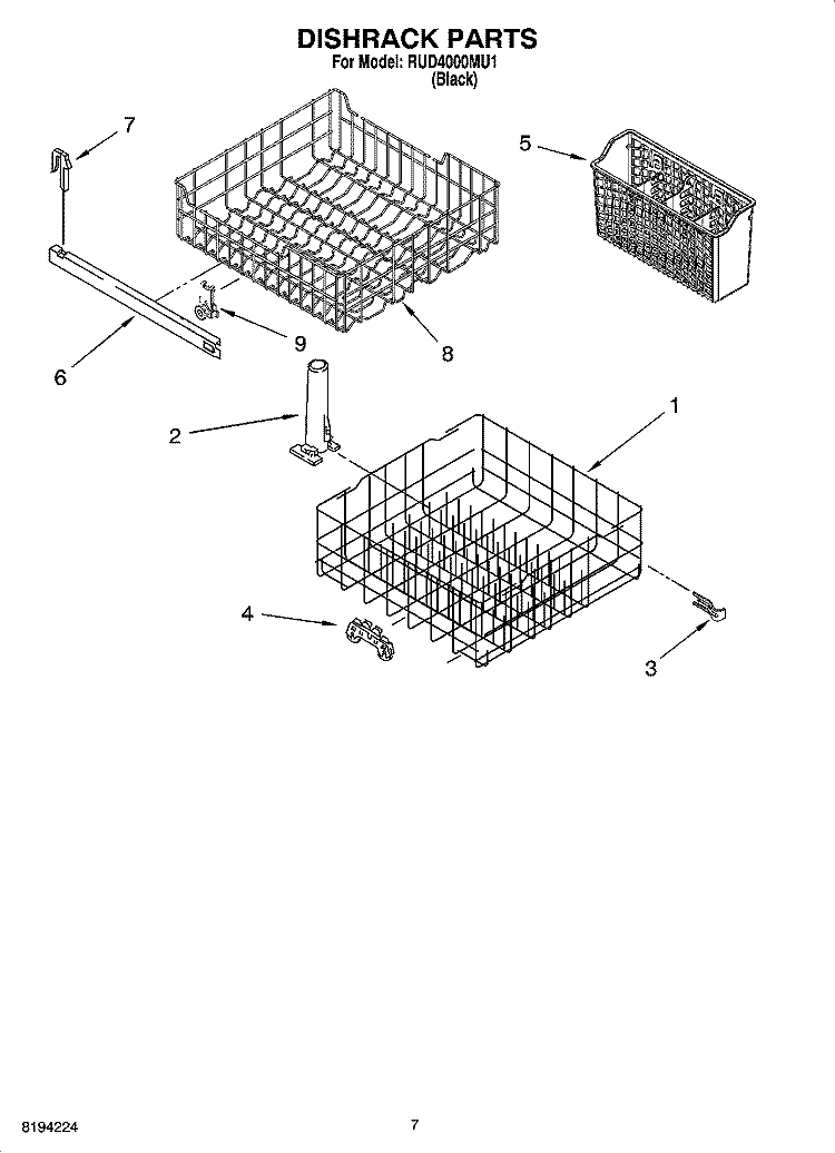 DISHRACK PARTS, OPTIONAL PARTS Diagram and Parts List for RUD4000MU1  Roper Dishwasher