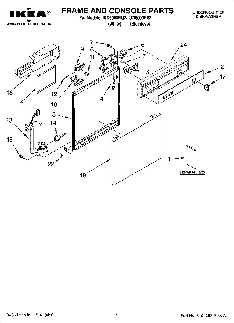 FRAME AND CONSOLE PARTS Diagram and Parts List for IUD6000RS2  Whirlpool Dishwasher