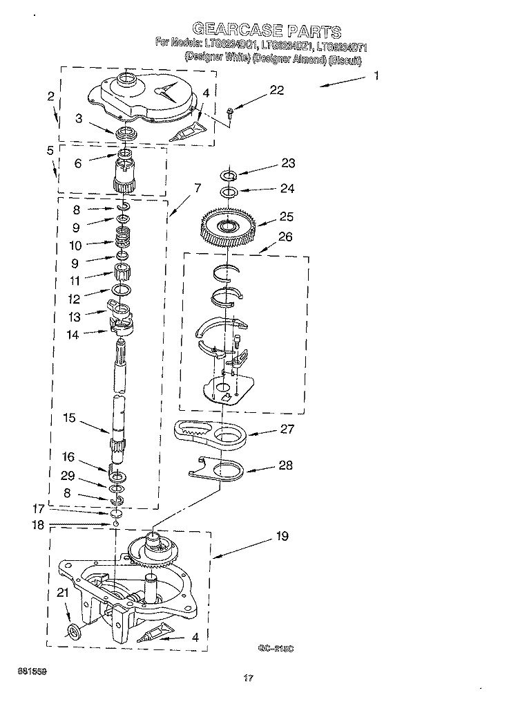 GEARCASE Diagram and Parts List for LTG6234DT1  Whirlpool Washer Dryer Combo