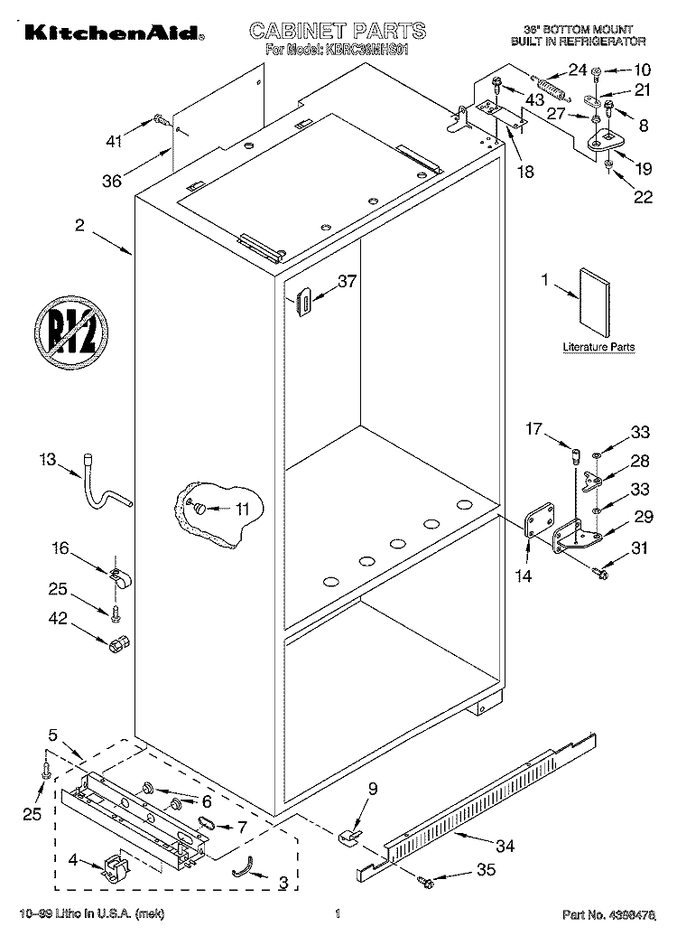 CABINET, LITERATURE Diagram and Parts List for KBRC36MHS01  KitchenAid Refrigerator