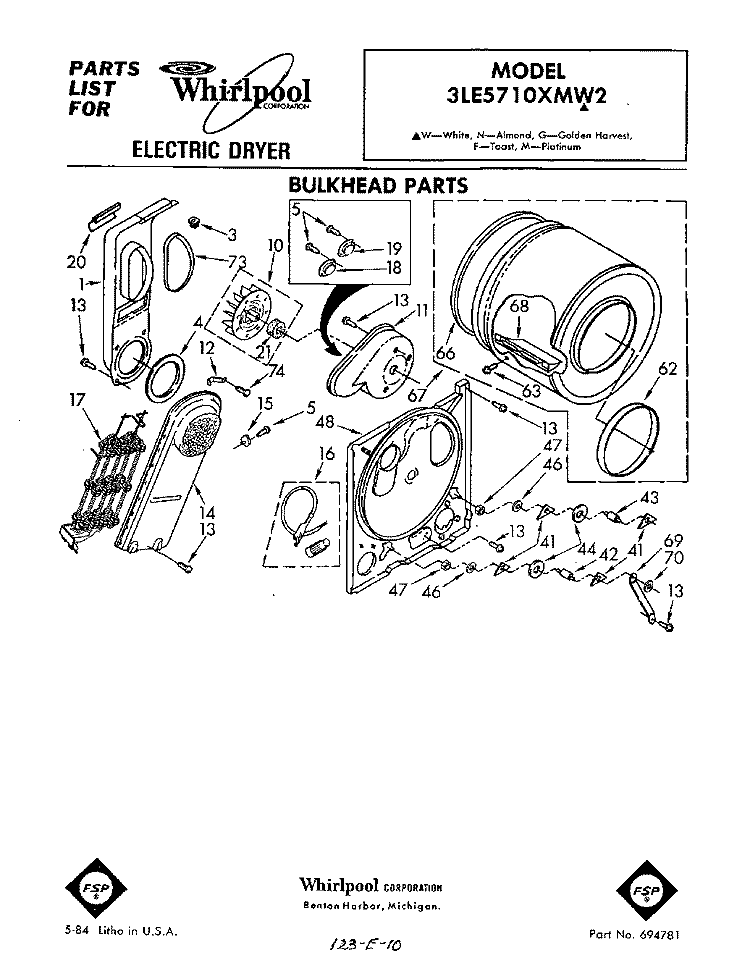 SECTION Diagram and Parts List for 3LE5710XMW2  Whirlpool Dryer