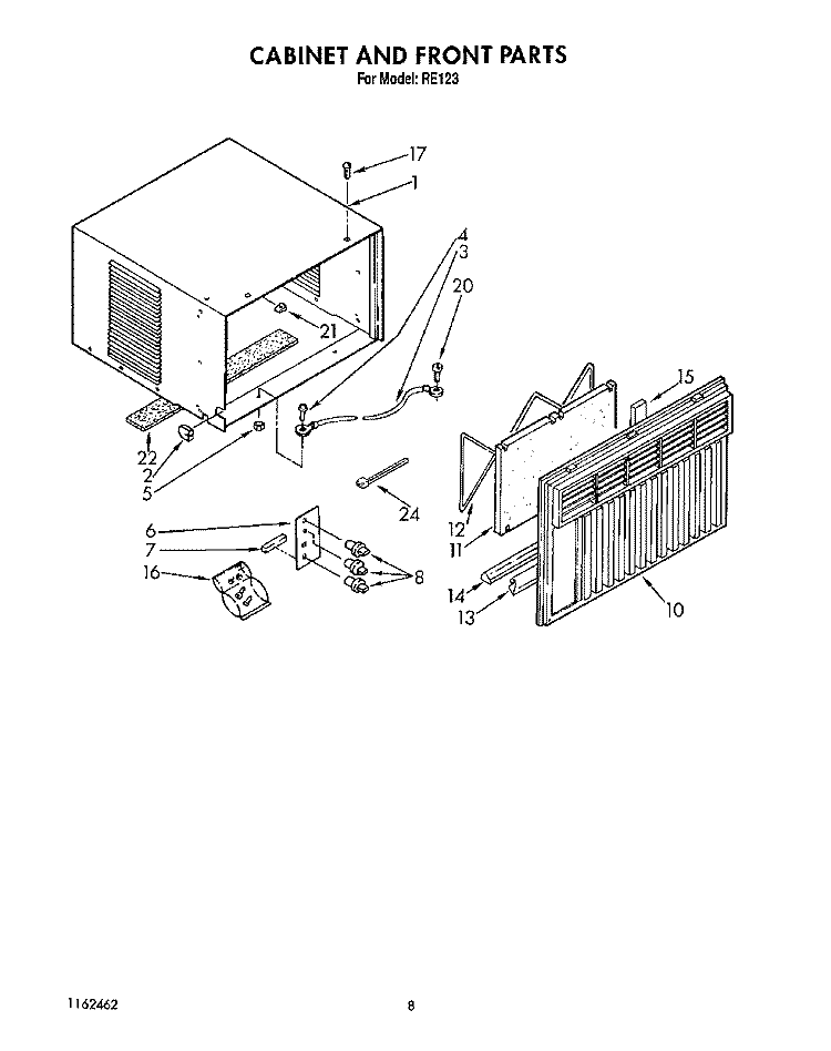 CABINET AND FRONT Diagram and Parts List for RE123  Whirlpool Air Conditioner