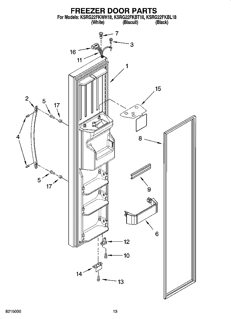 FREEZER DOOR PARTS Diagram and Parts List for KSRG22FKBT18  KitchenAid Refrigerator