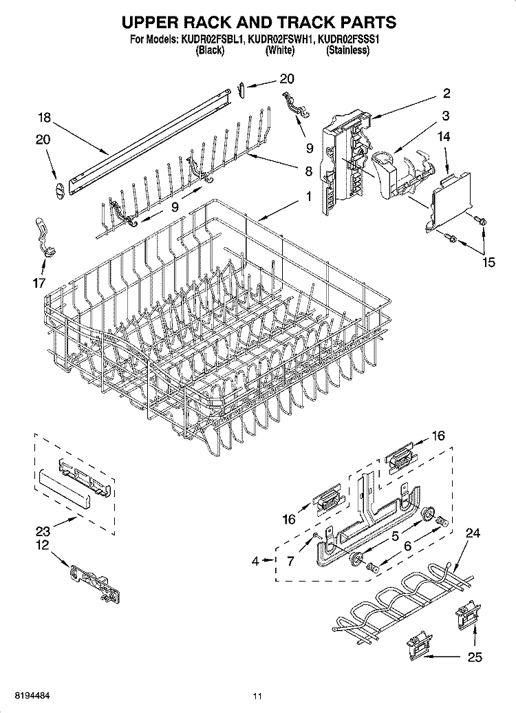UPPER RACK AND TRACK PARTS Diagram and Parts List for KUDR02FSSS1  KitchenAid Dishwasher
