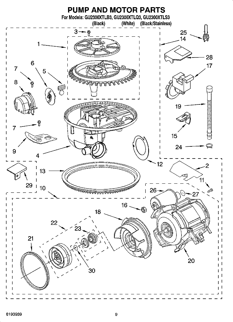 PUMP AND MOTOR PARTS Diagram and Parts List for GU2300XTLB3  Whirlpool Dishwasher