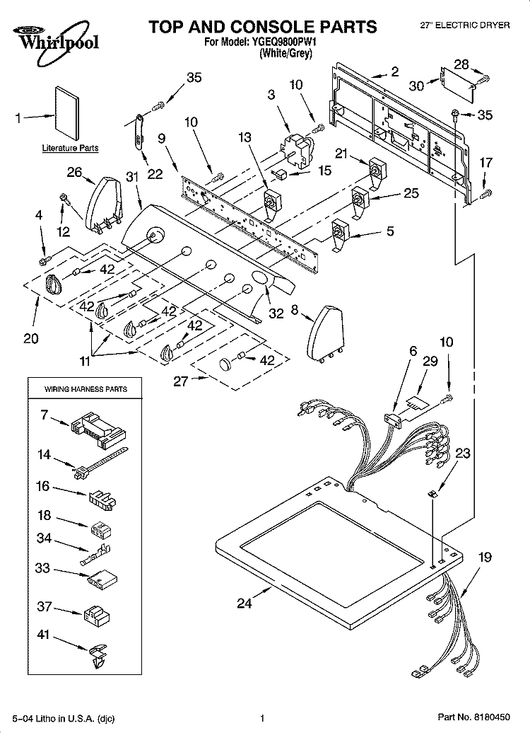 TOP AND CONSOLE PARTS Diagram and Parts List for YGEQ9800PW1  Whirlpool Dryer