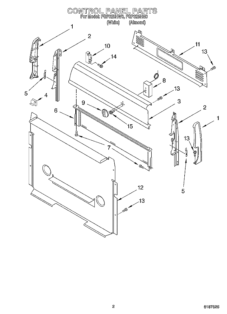 CONTROL PANEL Diagram and Parts List for FGP325HN0  Roper Range