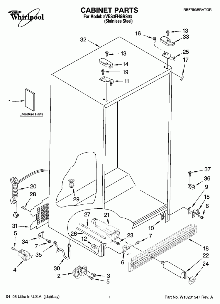 CABINET PARTS Diagram and Parts List for 5VES3FHGRS03  Whirlpool Refrigerator