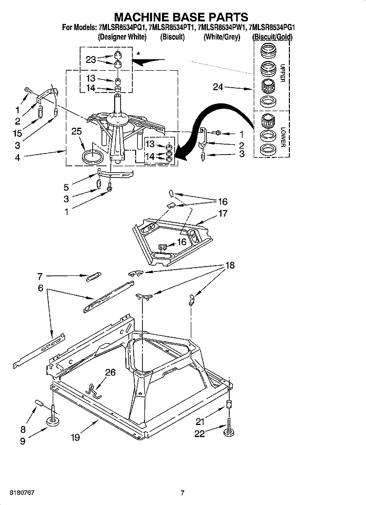 MACHINE BASE PARTS Diagram and Parts List for 7MLSR8534PW1  Whirlpool Washer