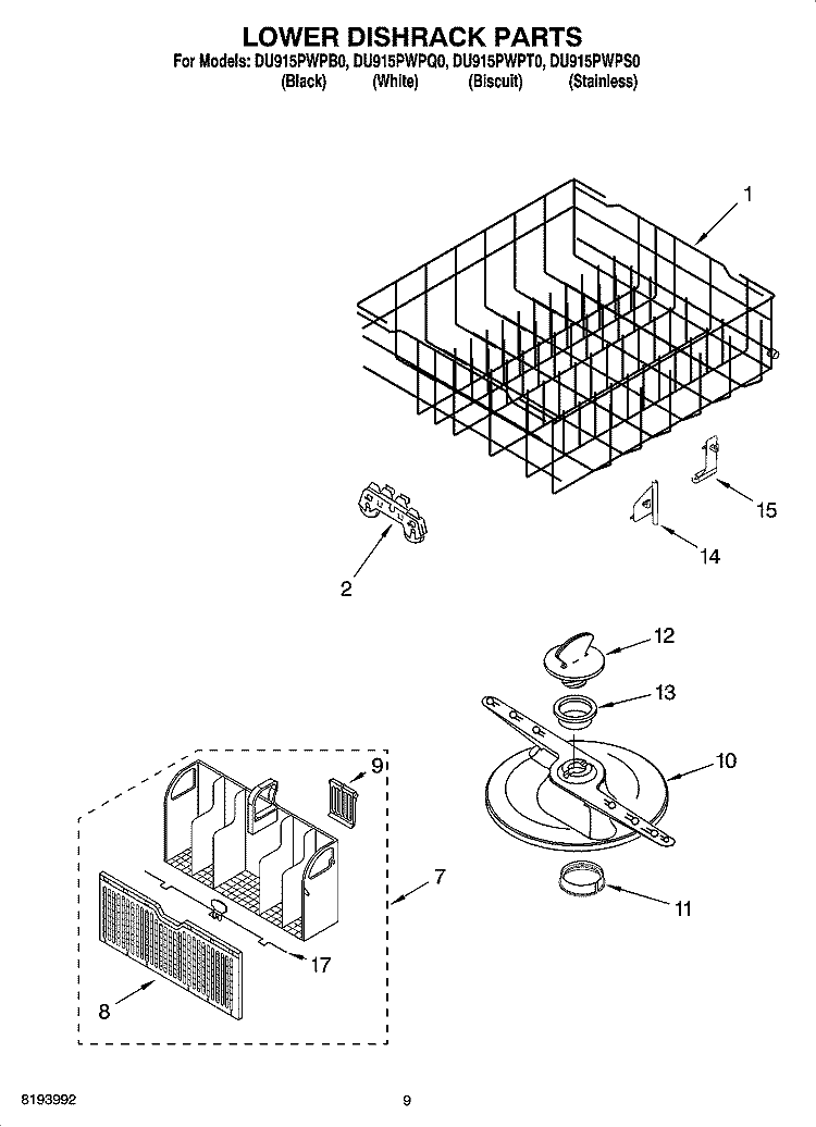 LOWER DISHRACK PARTS, OPTIONAL PARTS Diagram and Parts List for DU915PWPS0  Whirlpool Dishwasher