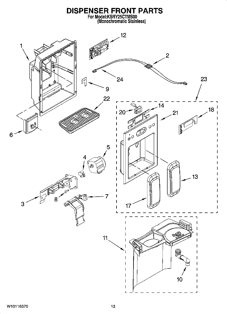 DISPENSER FRONT PARTS Diagram and Parts List for KSRY25CTMS00  KitchenAid Refrigerator