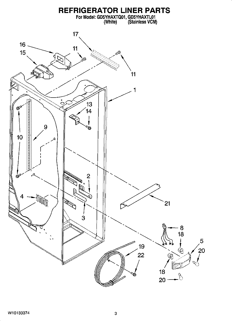 REFRIGERATOR LINER PARTS Diagram and Parts List for GD5YHAXTQ01  Whirlpool Refrigerator