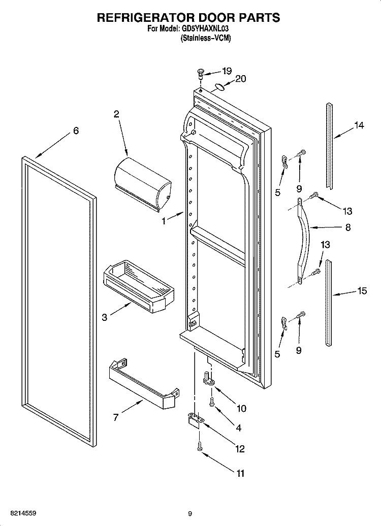 REFRIGERATOR DOOR PARTS Diagram and Parts List for GD5YHAXNL03  Whirlpool Refrigerator