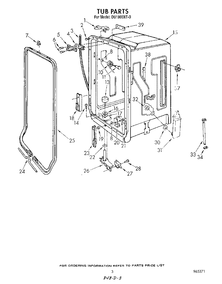 TUB Diagram and Parts List for DU1800XT0  Whirlpool Dishwasher