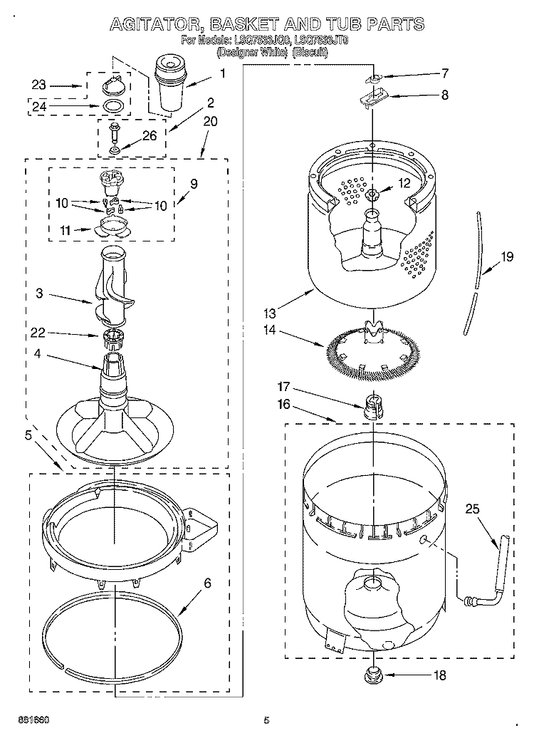 AGITATOR, BASKET AND TUB Diagram and Parts List for LSQ7533JQ0  Whirlpool Washer