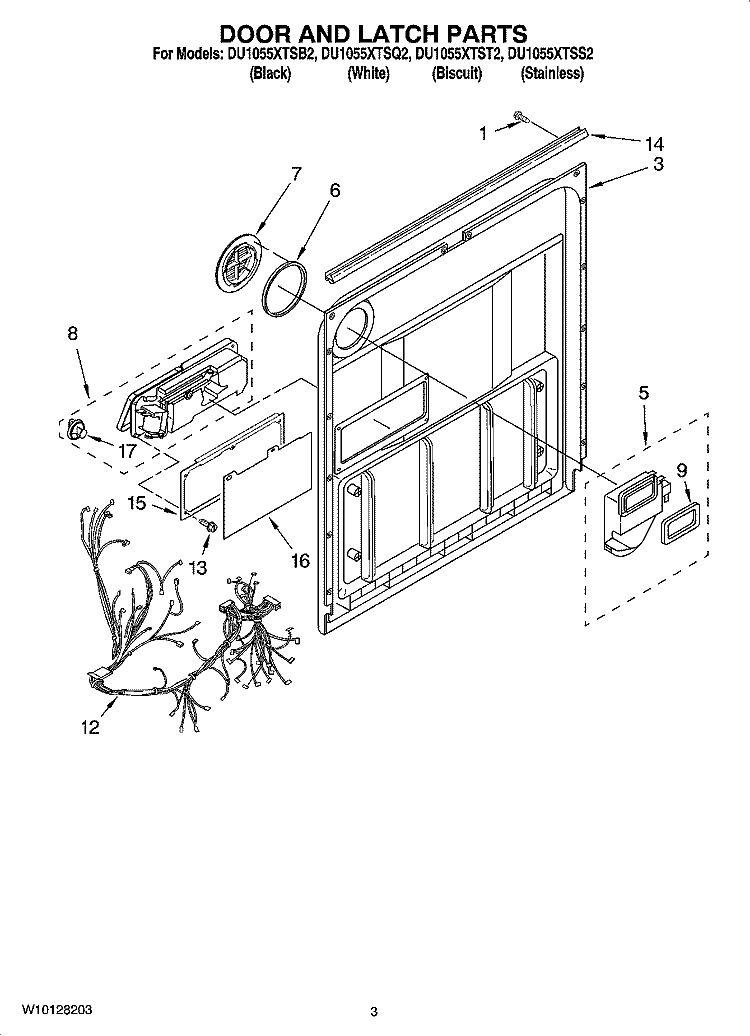 DOOR AND LATCH PARTS Diagram and Parts List for DU1055XTST2  Whirlpool Dishwasher