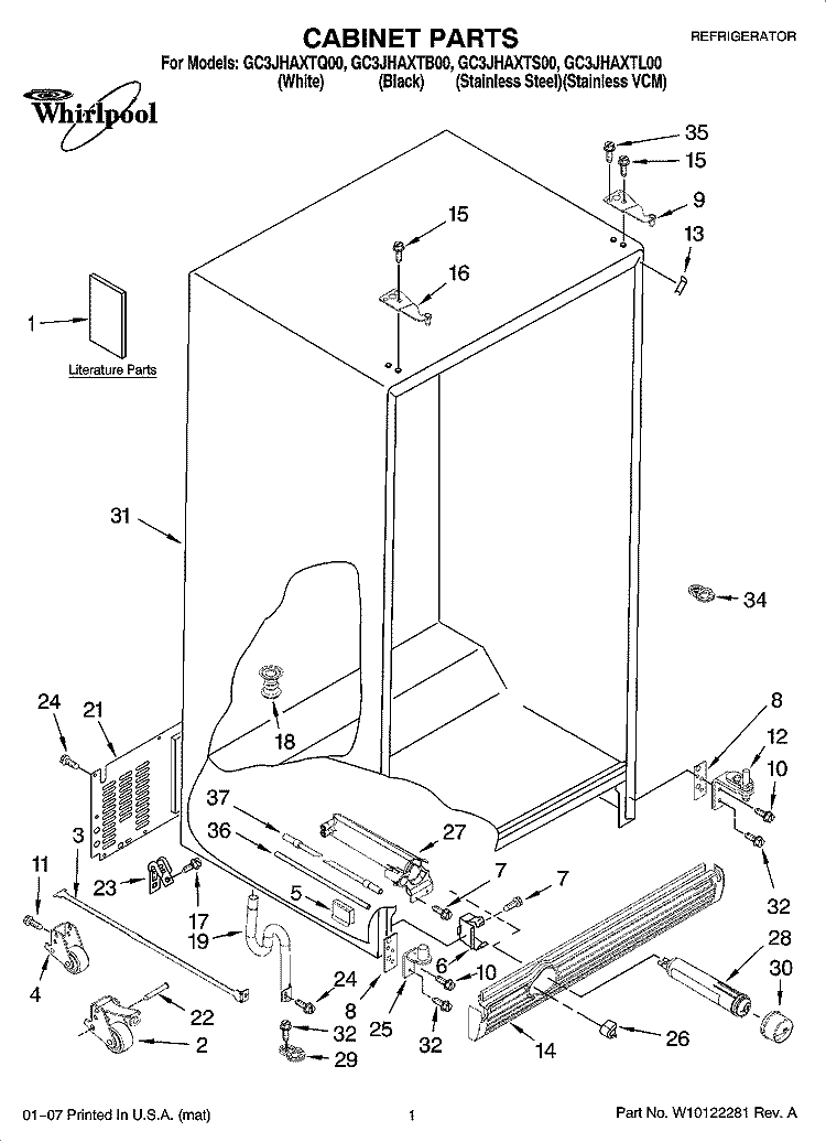 CABINET PARTS Diagram and Parts List for GC3JHAXTL00  Whirlpool Refrigerator
