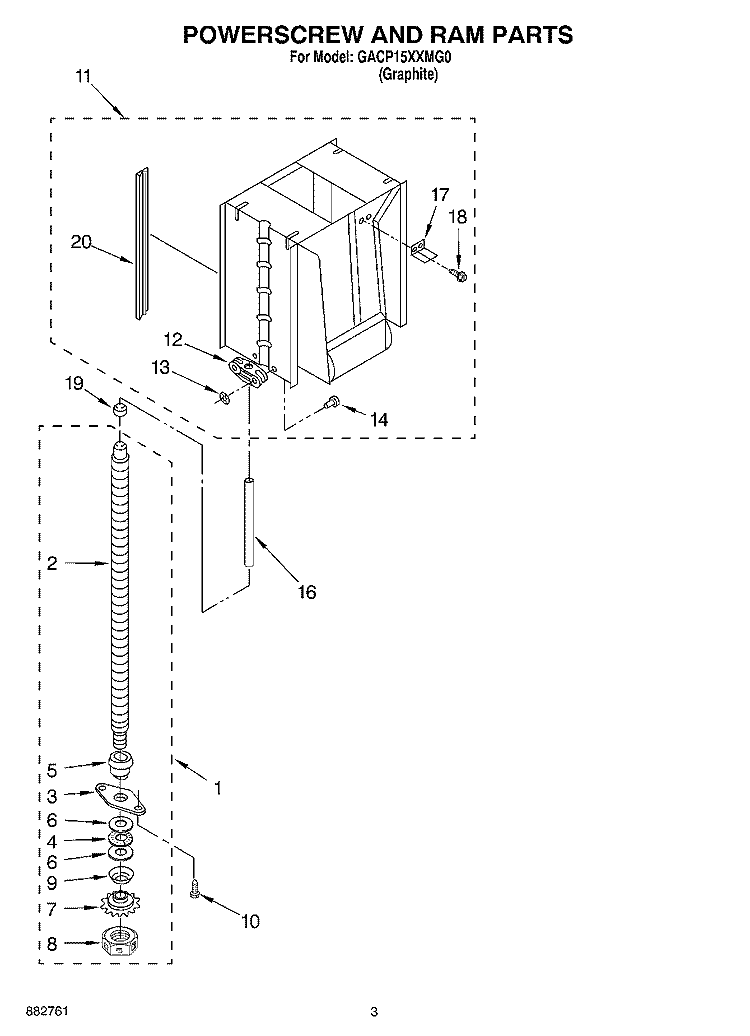 POWERSCREW AND RAM PARTS Diagram and Parts List for GACP15XXMG0  Whirlpool Trash Compactor