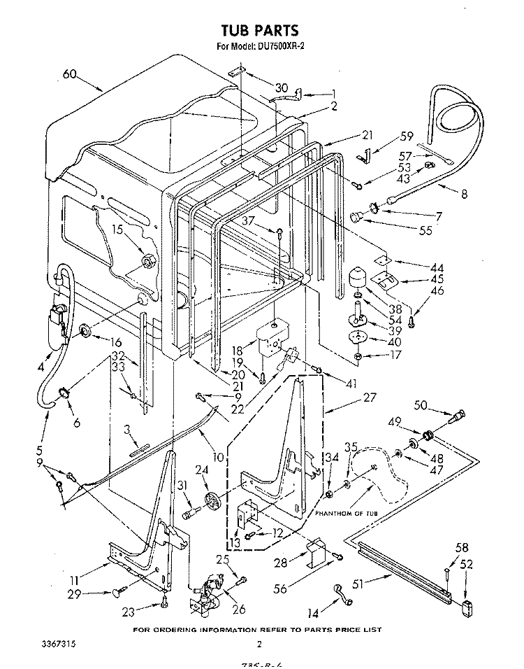 TUB , LITERATURE AND OPTIONAL Diagram and Parts List for DU7500XR2  Whirlpool Dishwasher