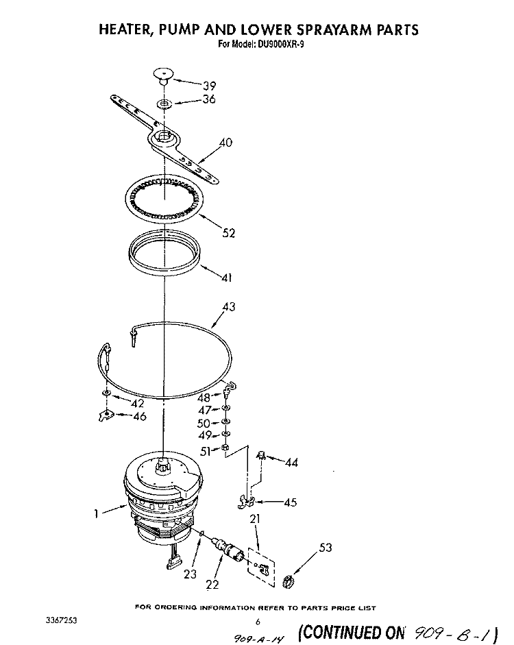 HEATER, PUMP AND LOWER SPRAY ARM Diagram and Parts List for DU9000XR9  Whirlpool Dishwasher