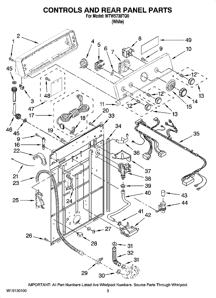 CONTROLS AND REAR PANEL PARTS Diagram and Parts List for MTW5730TQ0  Whirlpool Washer