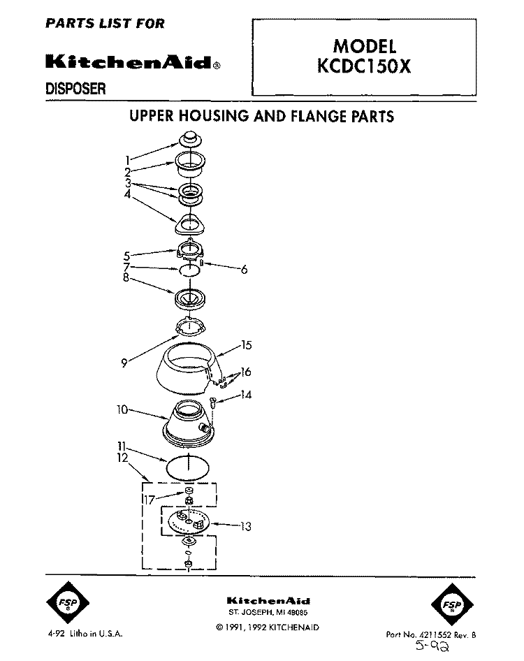 SECTION Diagram and Parts List for KCBC150X  KitchenAid Food Waste Disposer