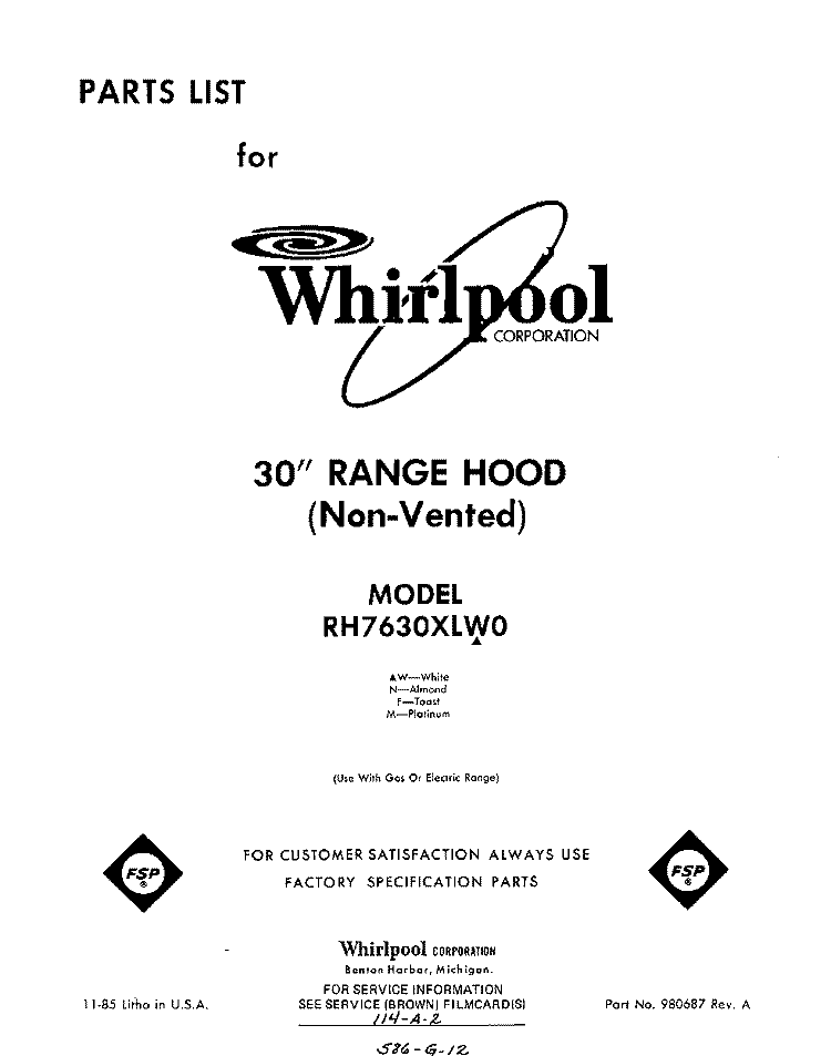 SECTION Diagram and Parts List for RH7630XLW0  Whirlpool Range Hood