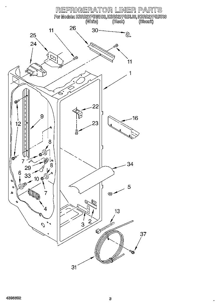 REFRIGERATOR LINER Diagram and Parts List for KSRS27FGBT03  KitchenAid Refrigerator