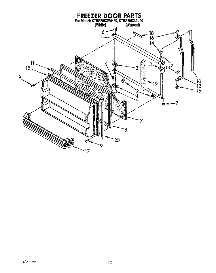 FREEZER DOOR Diagram and Parts List for KTRS20KXAL20  KitchenAid Refrigerator