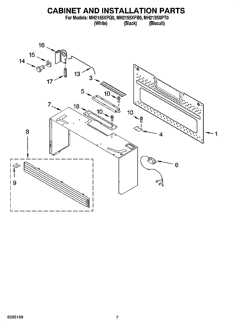 CABINET AND INSTALLATION PARTS Diagram and Parts List for MH2155XPB0  Whirlpool Microwave