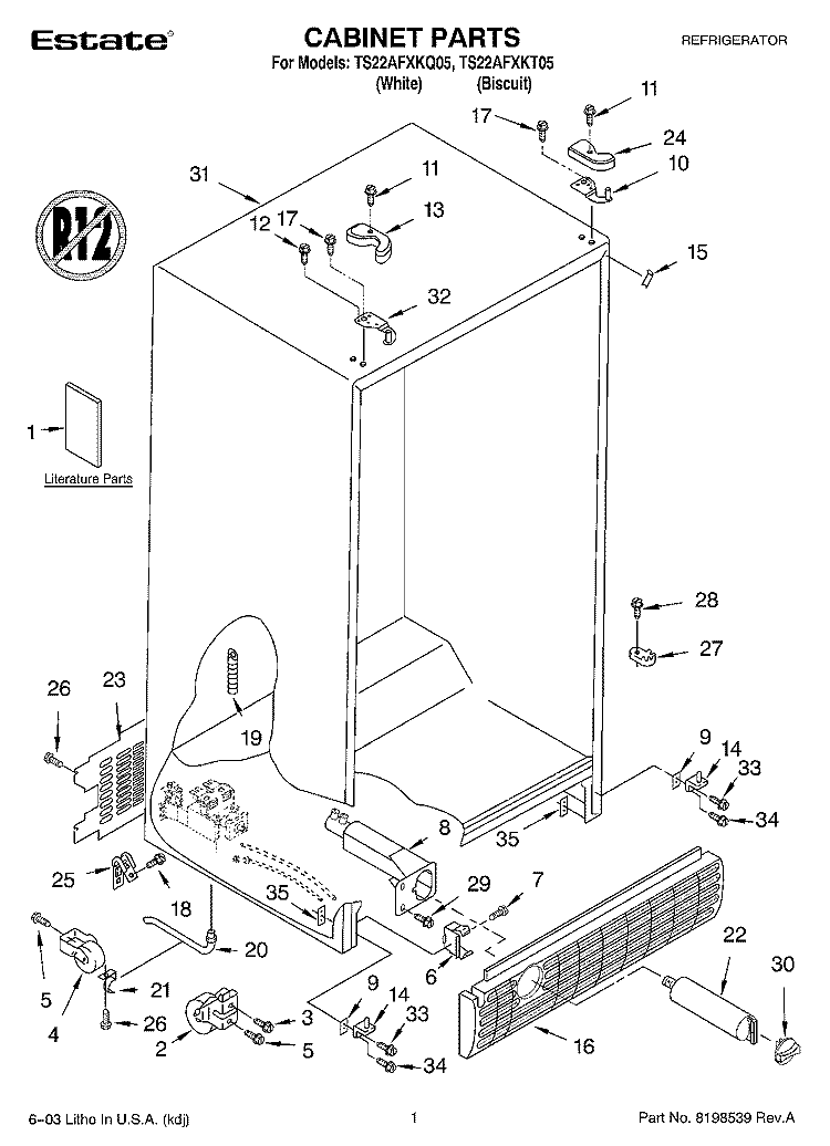 CABINET PARTS Diagram and Parts List for TS22AFXKQ05  Estate Refrigerator