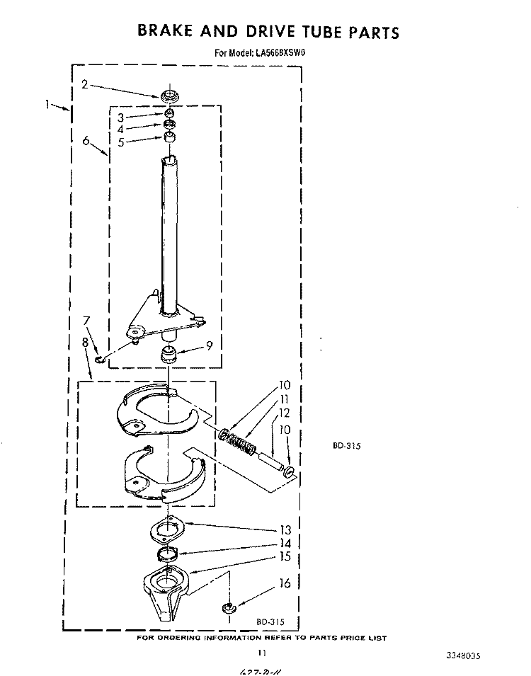 BRAKE AND DRIVE TUBE Diagram and Parts List for LA5668XSW0  Whirlpool Washer