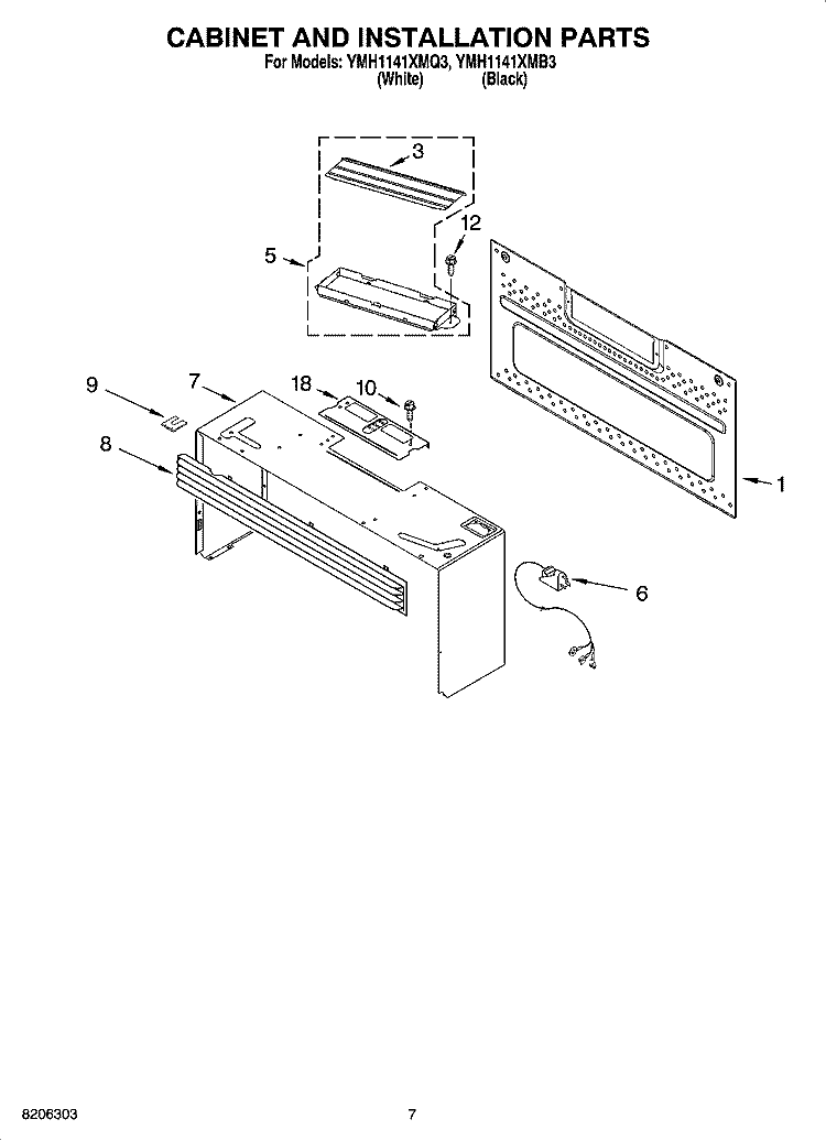 CABINET AND INSTALLATION PARTS Diagram and Parts List for YMH1141XMB3  Whirlpool Microwave