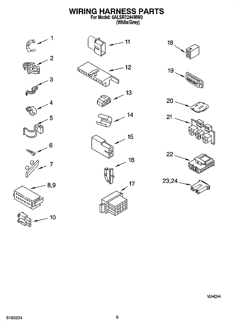 WIRING HARNESS PARTS Diagram and Parts List for 6ALSR7244MW0  Whirlpool Washer