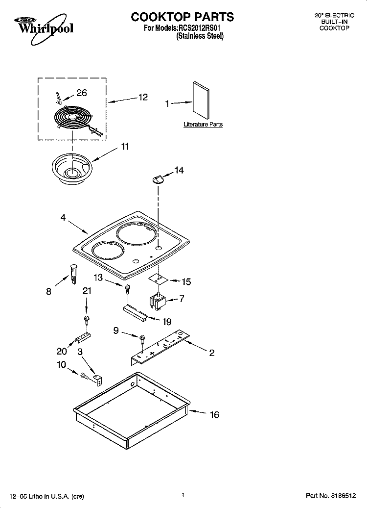 COOKTOP PARTS, OPTIONAL PARTS Diagram and Parts List for RCS2012RS01  Whirlpool Cooktop