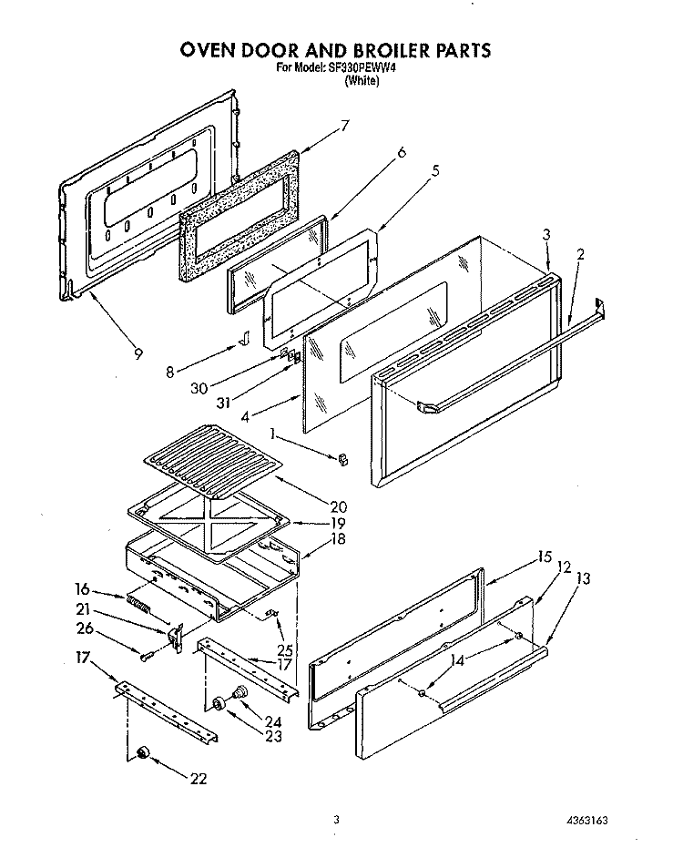 OVEN DOOR AND BROILER Diagram and Parts List for SF330PEWW4  Whirlpool Range