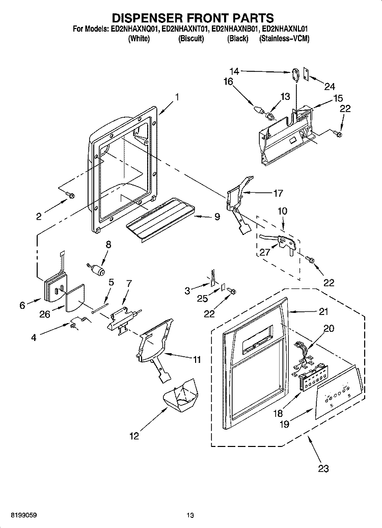 DISPENSER FRONT PARTS Diagram and Parts List for ED2NHAXNT01  Whirlpool Refrigerator