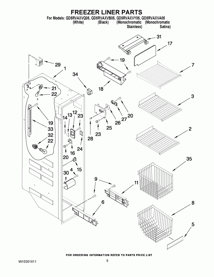 FREEZER LINER PARTS Diagram and Parts List for GD5RVAXVQ05  Whirlpool Refrigerator
