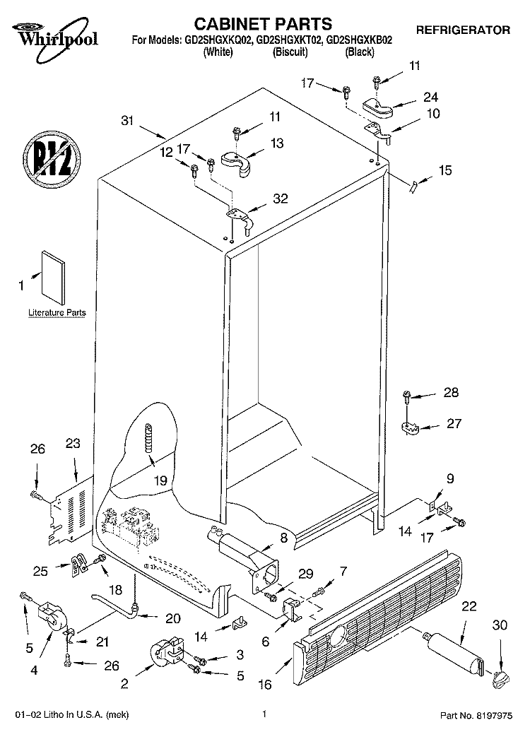 CABINET, LITERATURE Diagram and Parts List for GD2SHGXKT02  Whirlpool Refrigerator