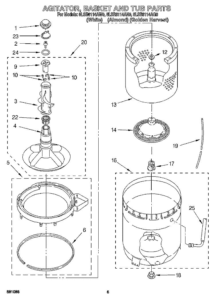 AGITATOR, BASKET AND TUB Diagram and Parts List for 8LSR6114AN0  Whirlpool Washer
