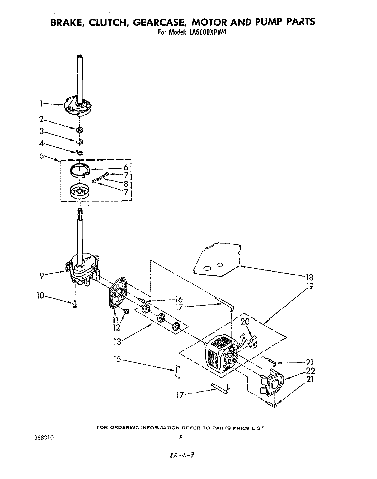 BRAKE, CLUTCH, GEARCASE, MOTOR AND PUMP Diagram and Parts List for LA5000XPW4  Whirlpool Washer