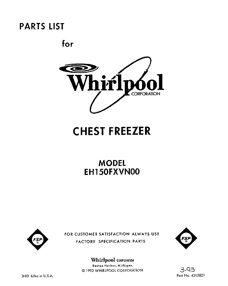SECTION Diagram and Parts List for EH150FXVN00  Whirlpool Freezer