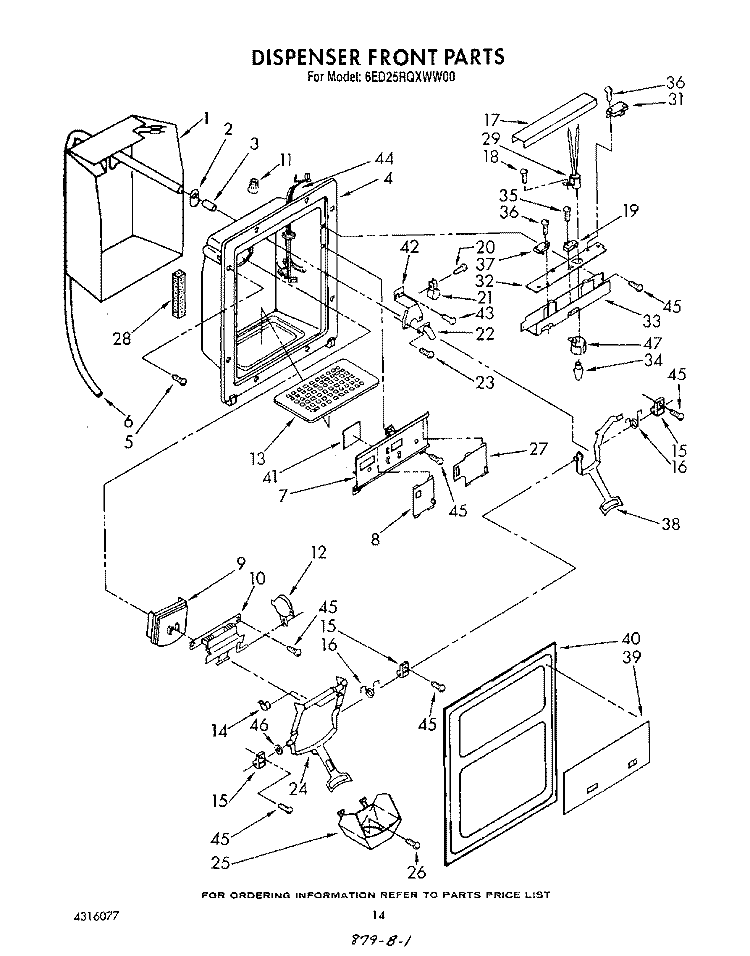 DISPENSER FRONT Diagram and Parts List for 6ED25RQXWW00  Whirlpool Refrigerator
