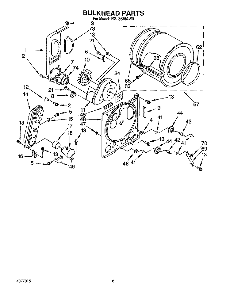 BULKHEAD Diagram and Parts List for RGL3636AL0  Roper Dryer