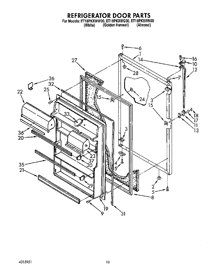 REFRIGERATOR DOOR, LIT/OPTIONAL Diagram and Parts List for ET18PKXWW00  Whirlpool Refrigerator